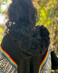 Rainbow Black Alpaca Fur Hooded Cape