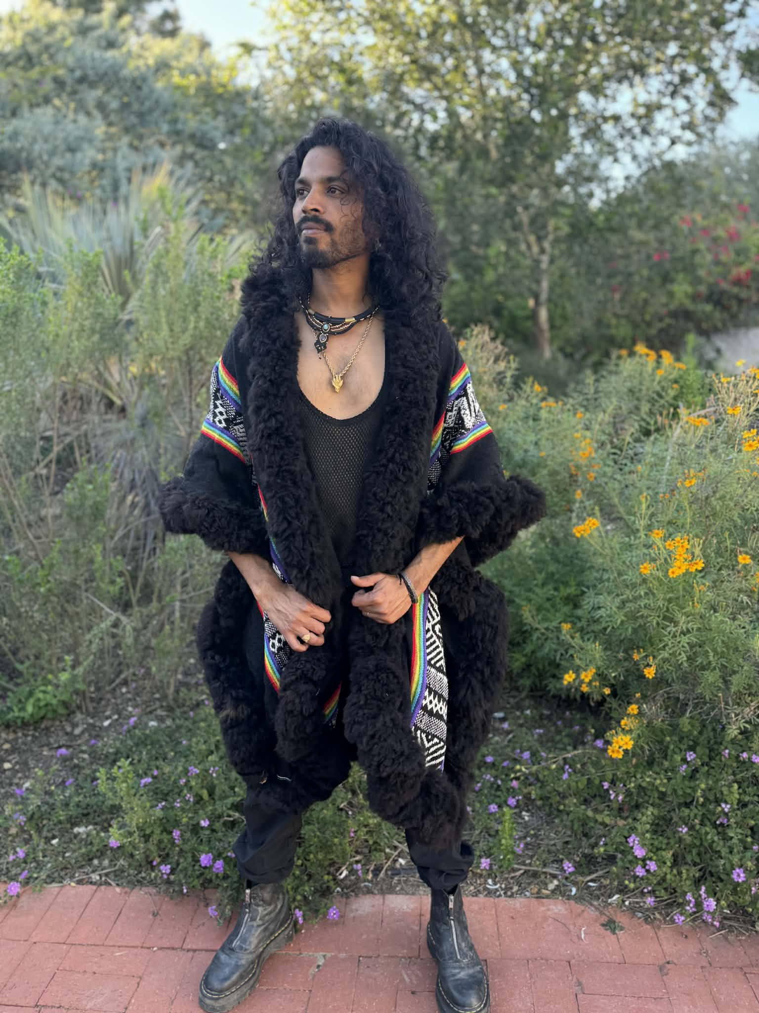 Rainbow Black Alpaca Fur Hooded Cape