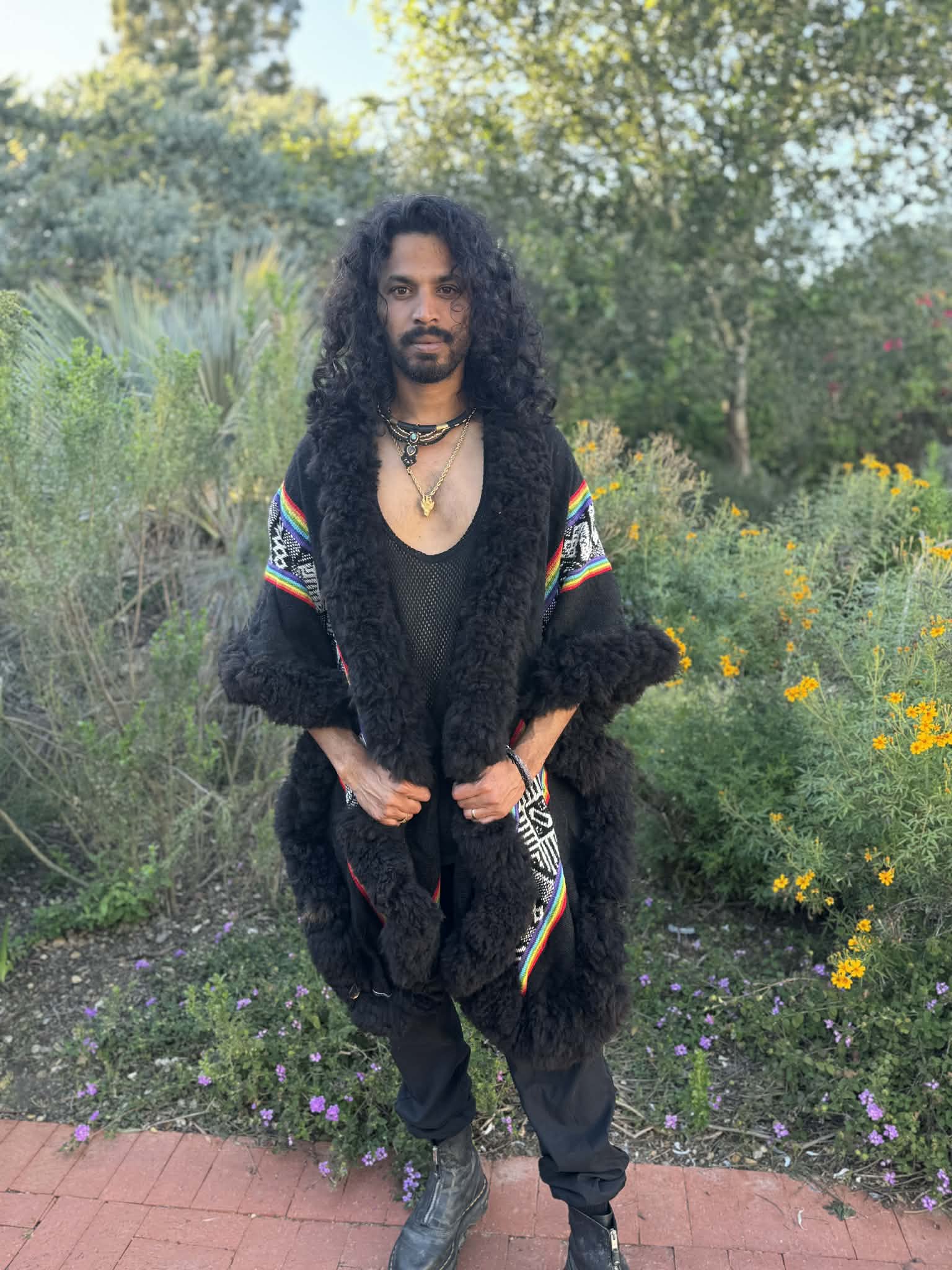 Rainbow Black Alpaca Fur Hooded Cape